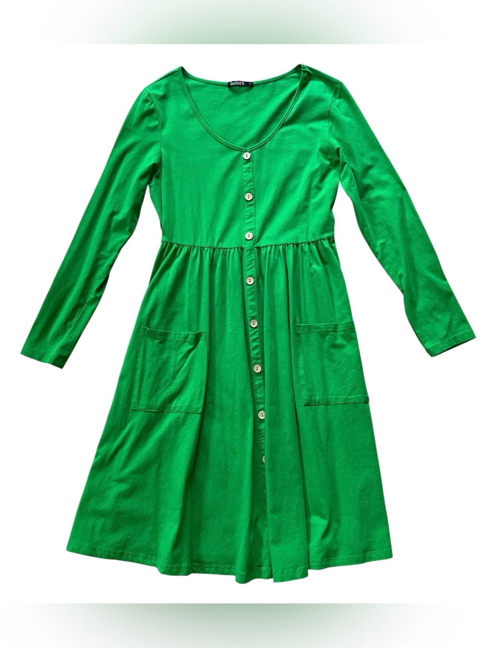 Women’s V-Neck Button-Front Green Midi Skater Dress Long Sleeves and Pockets